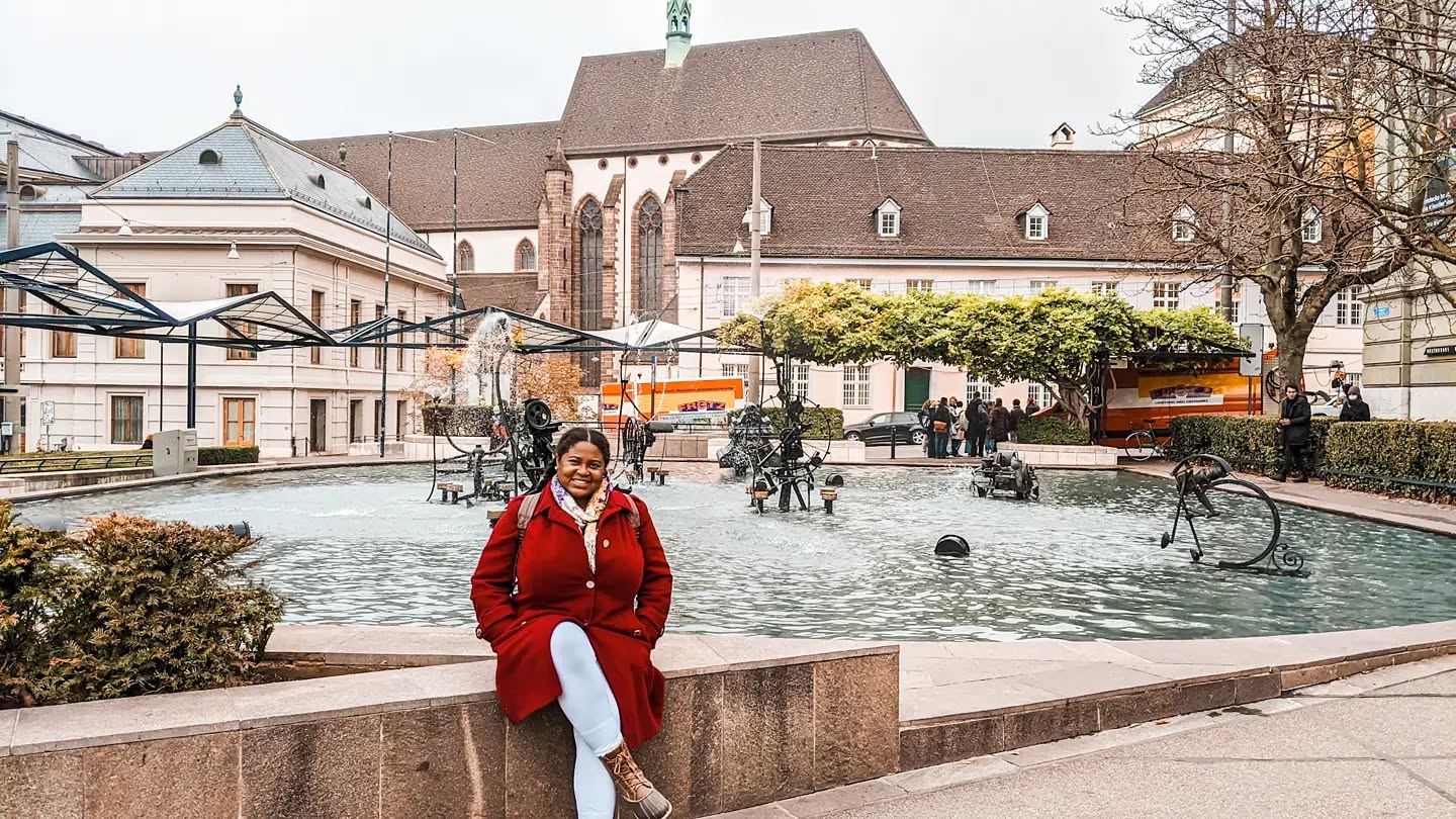 Diedre visiting a fountain in Basel, Switzerland