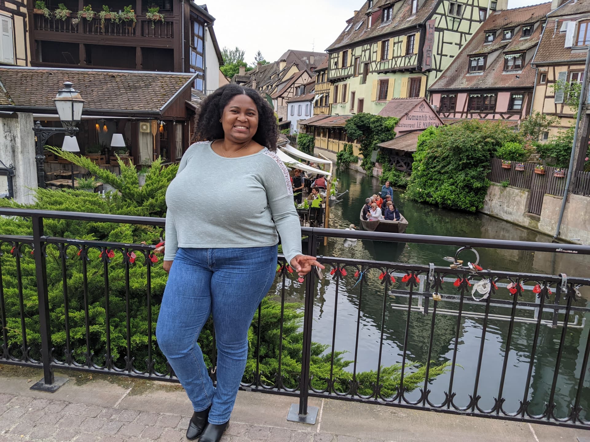 Diedre on a bridge over a canal in Colmar, France