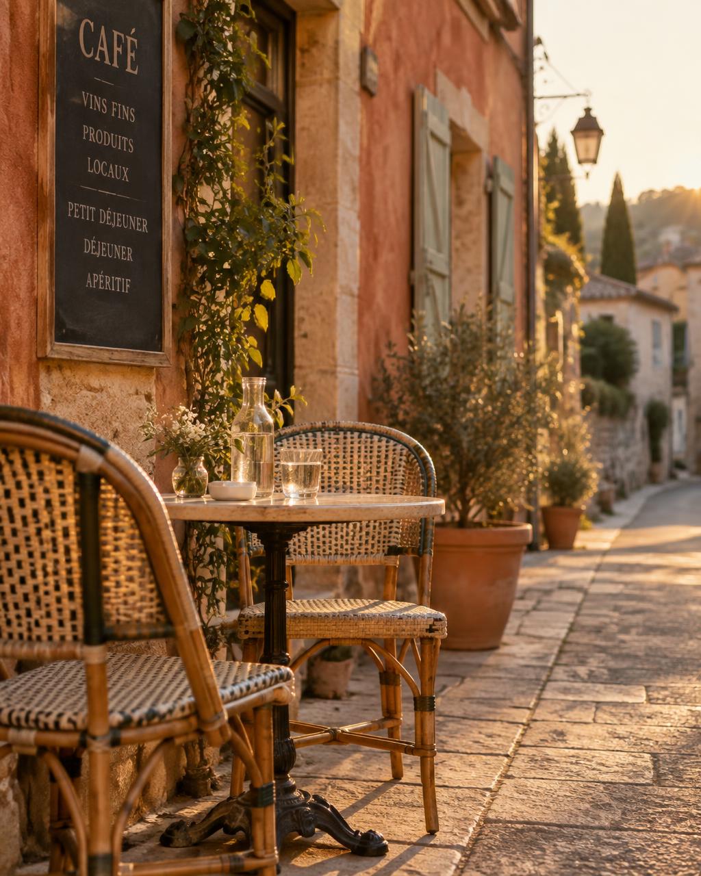 A small French café table on a village sidewalk in the evening light