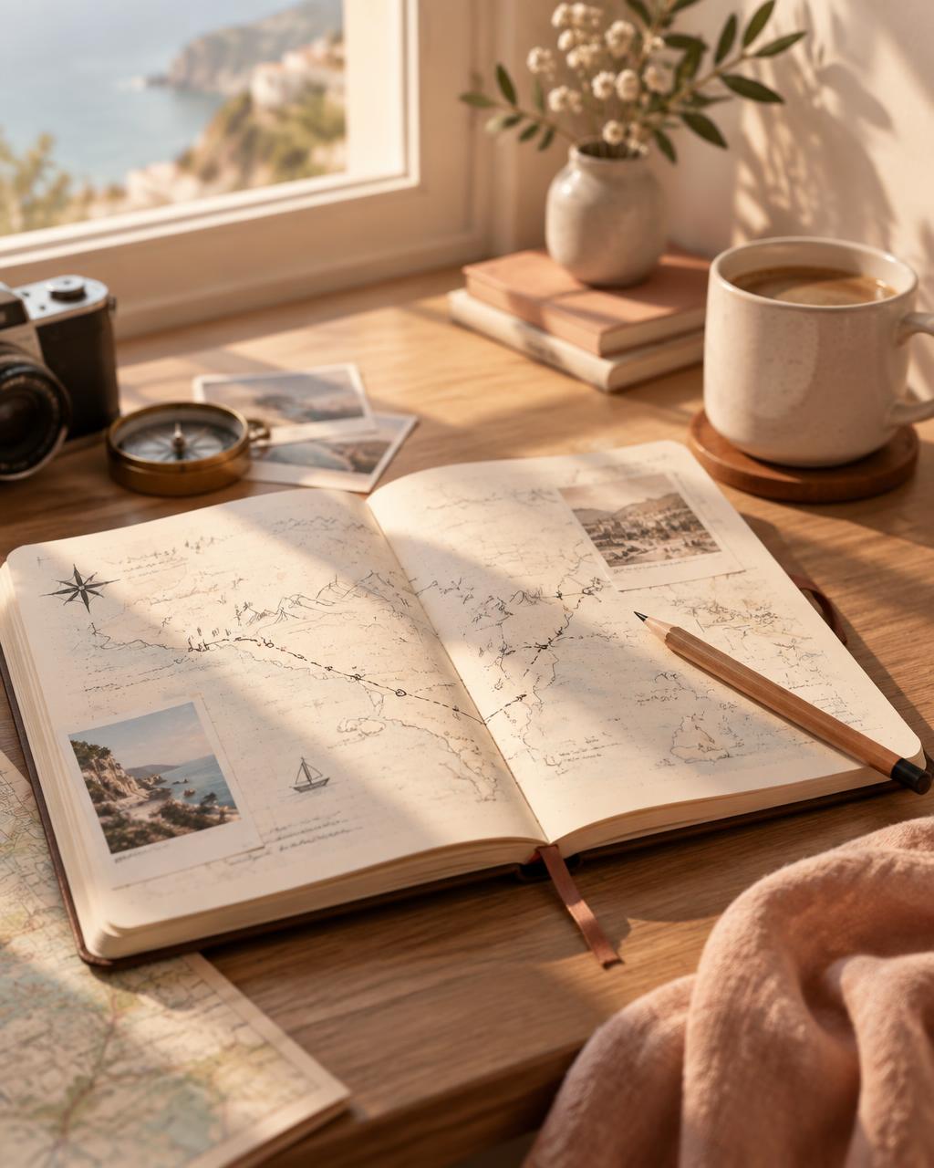 An open travel notebook with a hand-drawn route in warm morning light