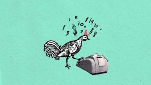 the food chain podcast from BBC. Sea green logo with a rooster working a cash register.